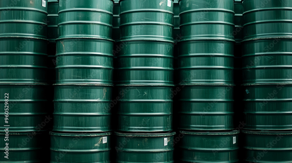 Green oil barrels or chemical drums stacked horizontally. Green oil barrels or chemical drums stacked horizontally.