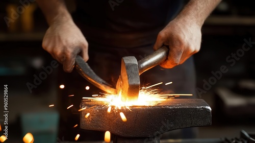 An artisan blacksmith hammering glowing metal on an anvil, sparks flying as they shape a handcrafted tool, capturing the strength and dedication behind quality work