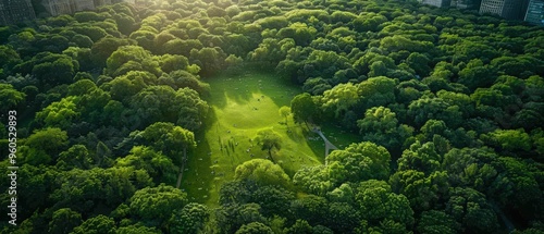 Serene Aerial View of a Vast Urban Park Oasis Surrounded by Greenery