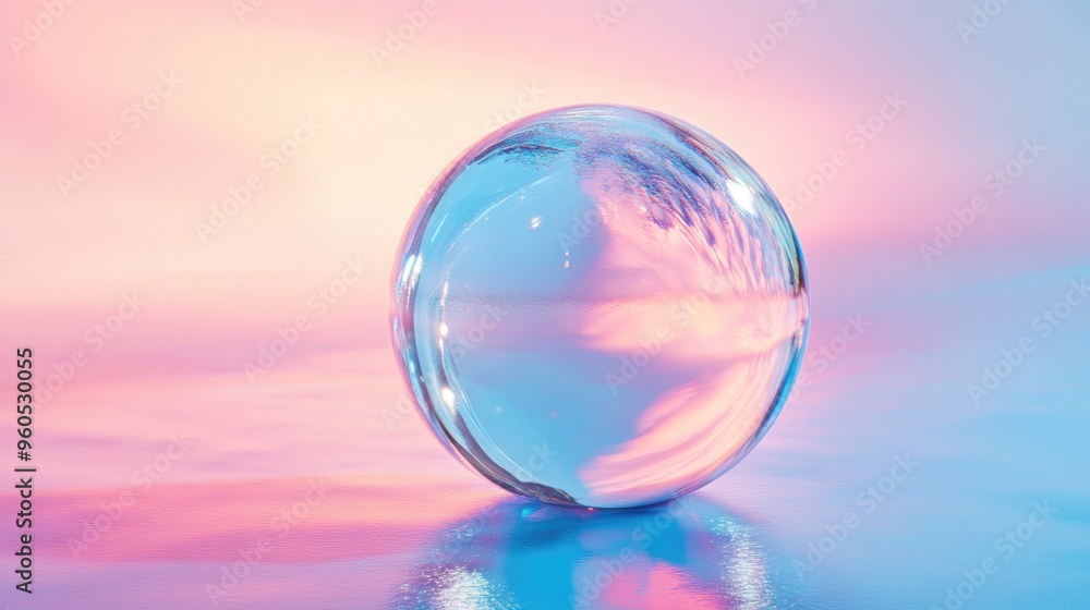 Crystal sphere against a blue and pink backdrop Transparent orb showcasing hues and reflections Crystal sphere against a blue and pink backdrop Transparent orb showcasing hues and reflections