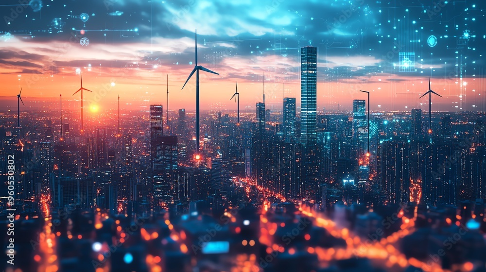 Obraz premium A vibrant cityscape at sunset featuring wind turbines and glowing lights, symbolizing a sustainable future and technological advancement.