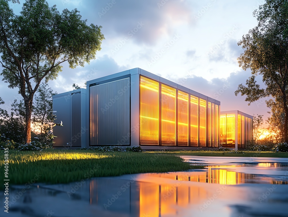 Obraz premium Modern architectural design showcasing a sleek home with reflective surfaces during a beautiful sunset.