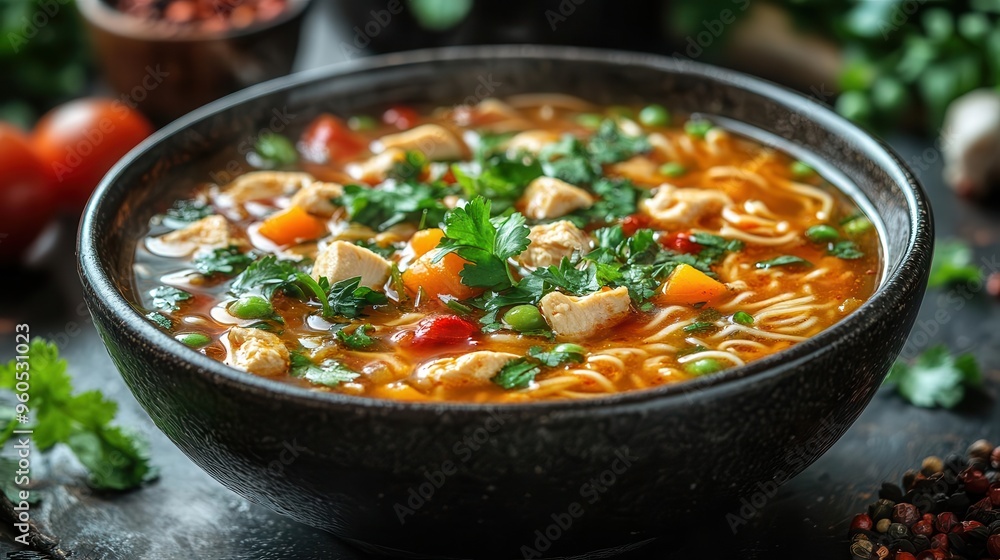 steaming bowl of kung pao chicken noodle soup in rustic setting rich glossy broth with vibrant vegetables tender chicken and perfectly cooked noodles garnished with fresh herbs steaming bowl of kung pao chicken noodle soup in rustic setting rich glossy broth with vibrant vegetables tender chicken and perfectly cooked noodles garnished with fresh herbs