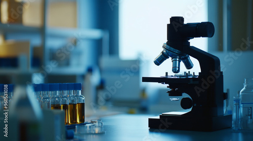 A microscope, chemical tubes, and glassware are on the lab table, representing science research and technology.