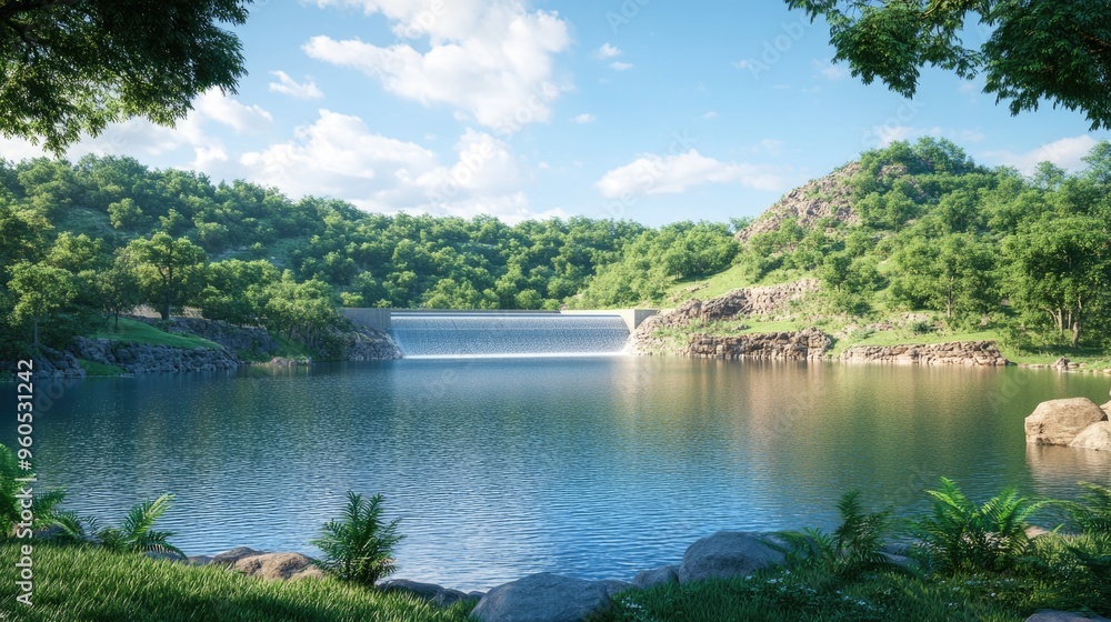 Fototapeta premium A tranquil lake surrounded by vibrant greenery featuring a prominent dam that enhances the picturesque landscape