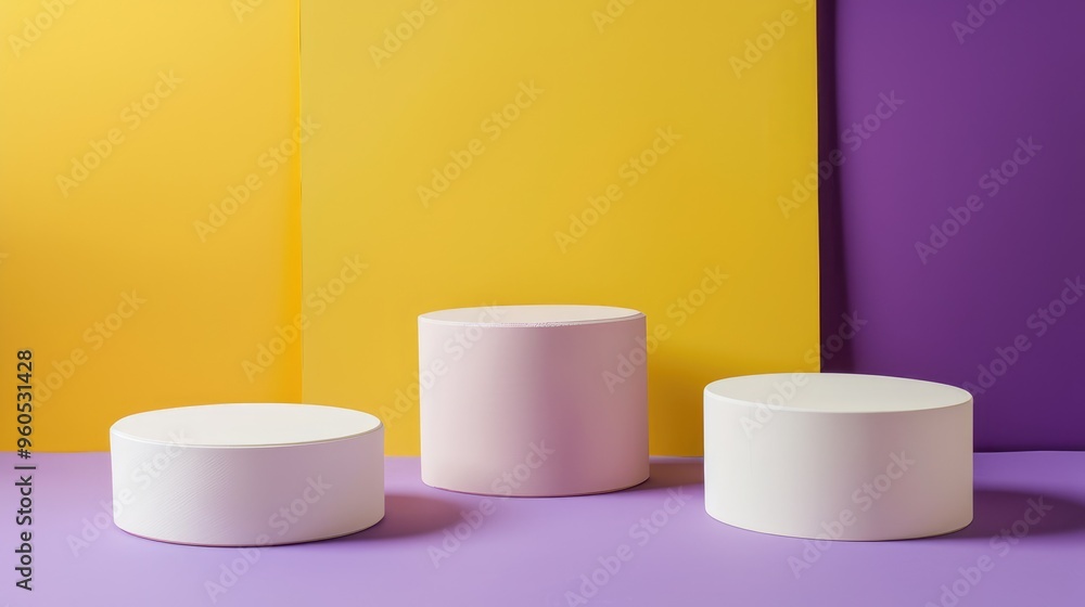 Empty white round podiums on purple and yellow backdrop for product display in beauty cosmetic photography. Empty white round podiums on purple and yellow backdrop for product display in beauty cosmetic photography.