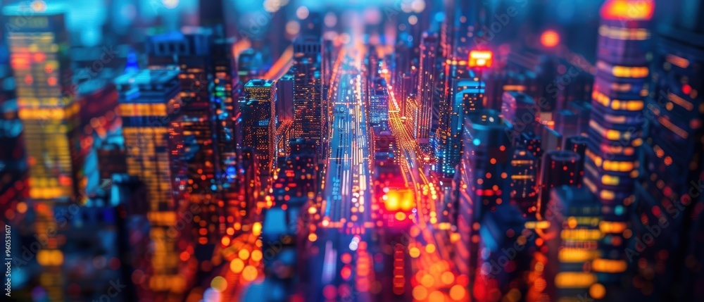Fototapeta premium Illuminated Cityscape at Night - Aerial View of Vibrant Urban Lights