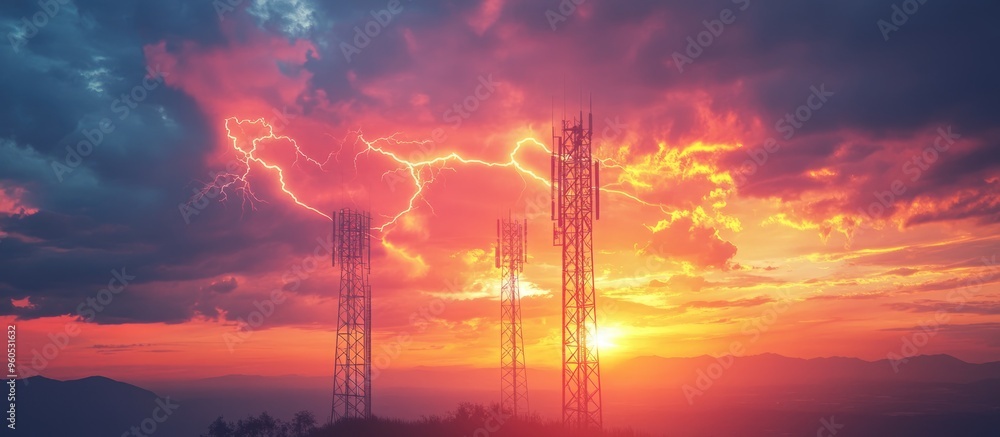 Naklejka premium Lightning protection tower against a sunset backdrop