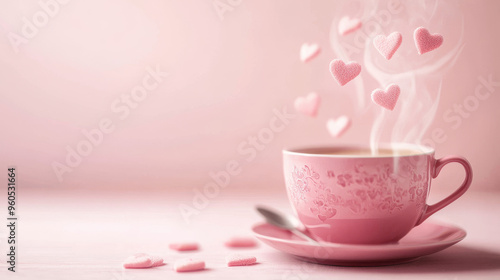Pink hearts rising as steam from a hot drink in a cup on a pastel pink background. Love-themed. 