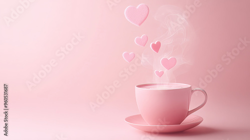 Pink hearts rising as steam from a hot drink in a cup on a pastel pink background. Love-themed. 