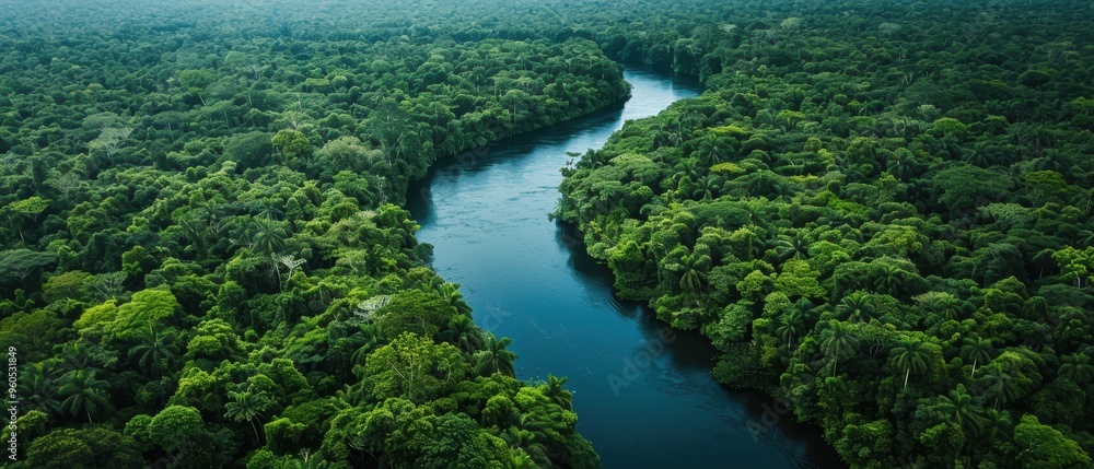 Serene Aerial View of Lush Jungle with Meandering River - Breathtaking Tropical Rainforest Landscape from Above Serene Aerial View of Lush Jungle with Meandering River - Breathtaking Tropical Rainforest Landscape from Above