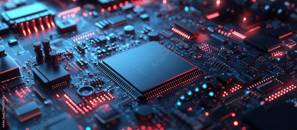 Fototapeta premium Close up of computer processors in a 3D render focusing on technology advanced computations and artificial intelligence concepts
