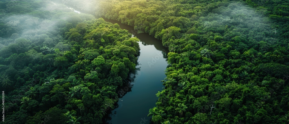 Lush Green Jungle Canopy with Serene River Aerial View Lush Green Jungle Canopy with Serene River Aerial View