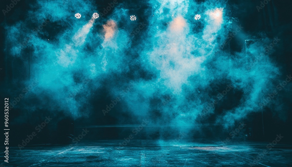 Fototapeta premium Dark Stage with Blue Smoke and Stage Lights
