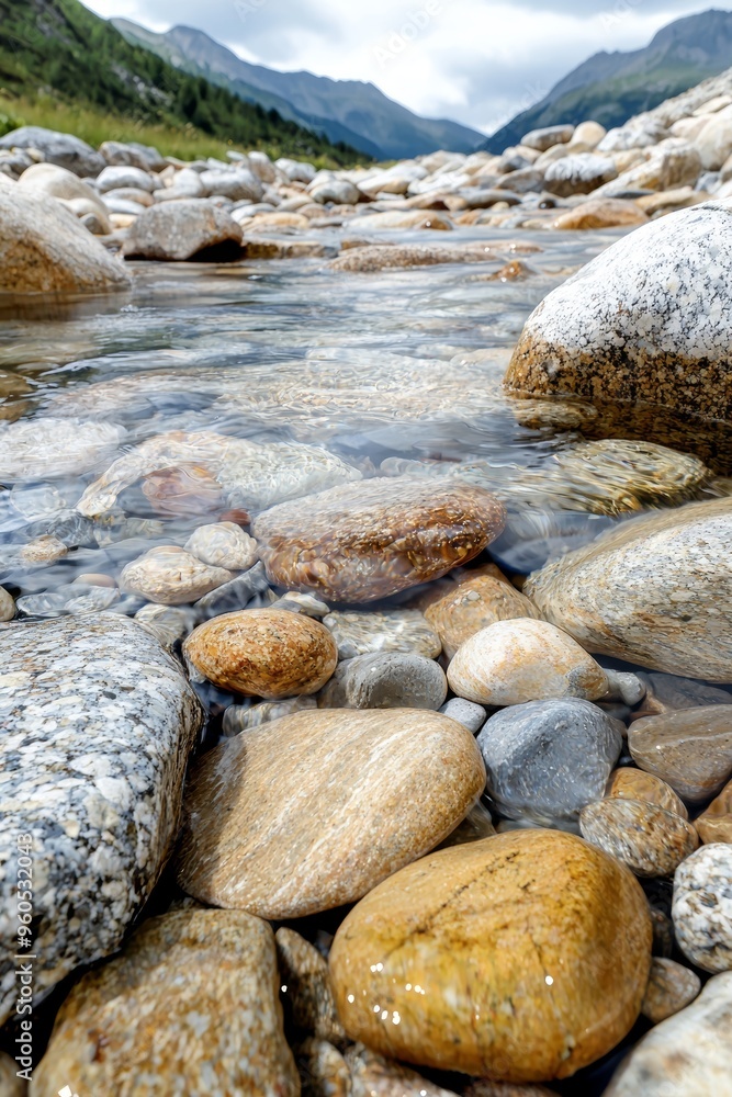 A serene mountain stream with clear water running over smooth rocks A serene mountain stream with clear water running over smooth rocks