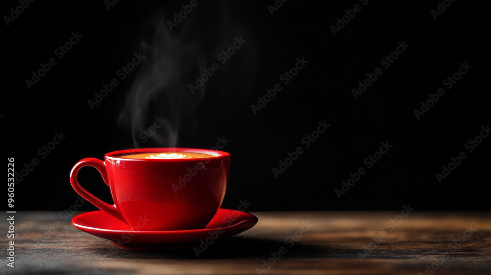 Red cup of hot steaming coffee on a wooden table against a black backdrop. Red cup of hot steaming coffee on a wooden table against a black backdrop.
