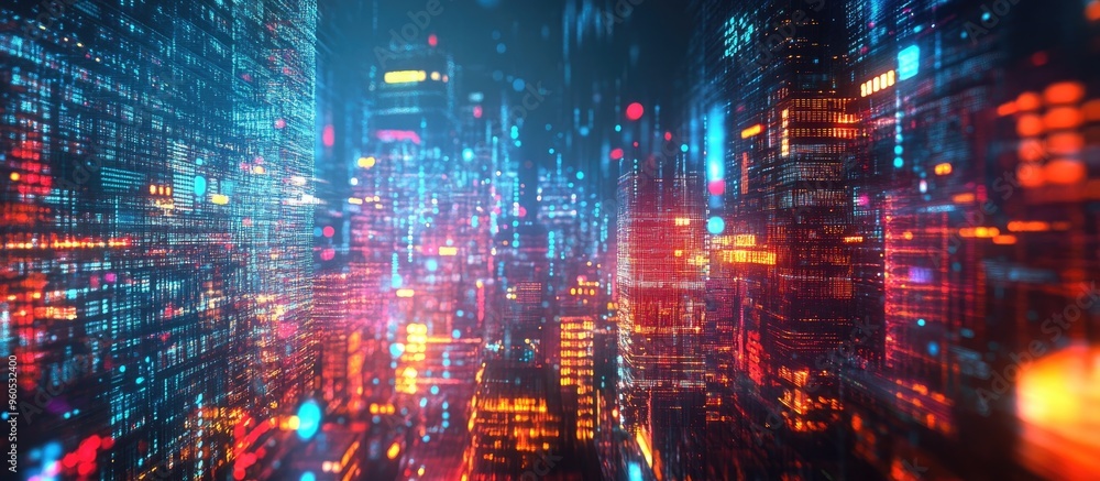 Holographic data visualization over an urban skyline featuring skyscrapers in a multi exposure setup Concept of big data analysis Holographic data visualization over an urban skyline featuring skyscrapers in a multi exposure setup Concept of big data analysis