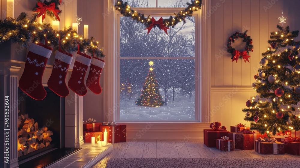 Obraz premium Cozy Christmas Mantel with Garland, Burning Candles, and Red Stockings in Festive Room Decor Design