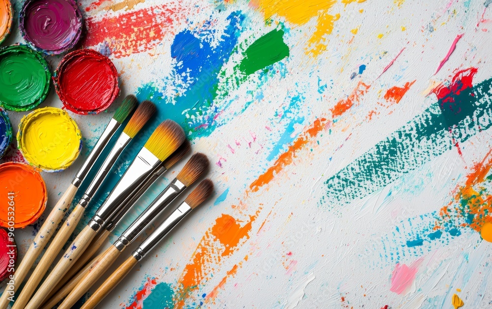 Obraz premium A top-down view of an artist s desk filled with paintbrushes, canvases, and vibrant paints