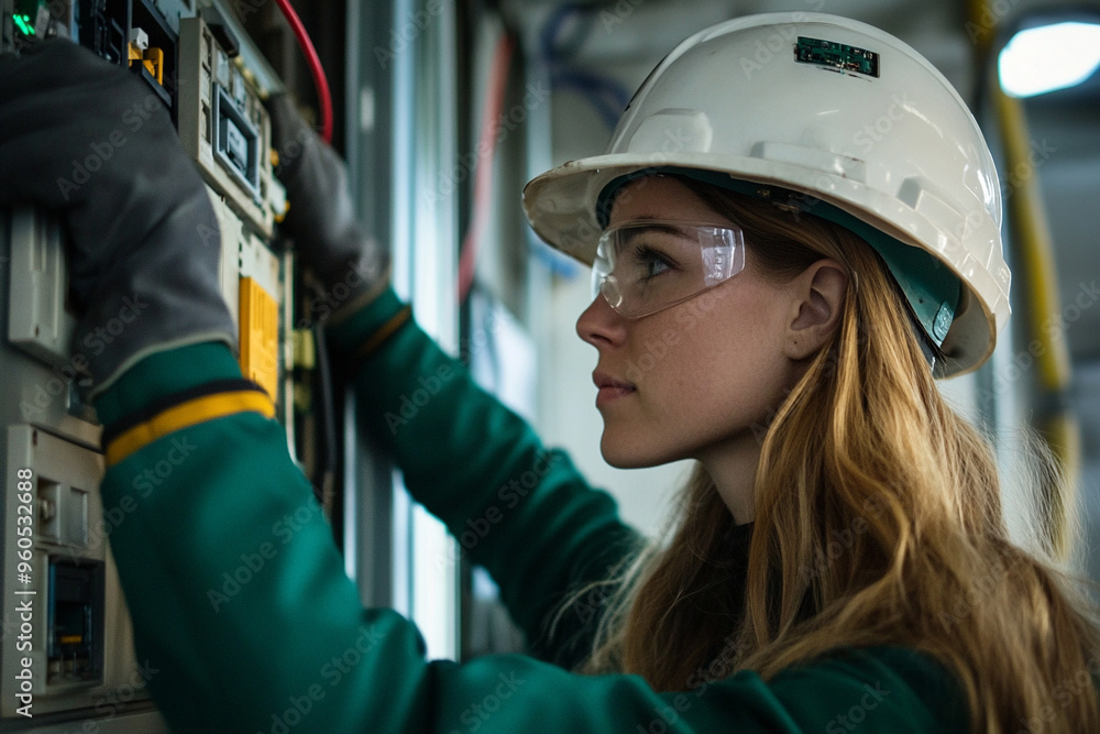 women electrician wearing safety clothing working on circuit board women electrician wearing safety clothing working on circuit board