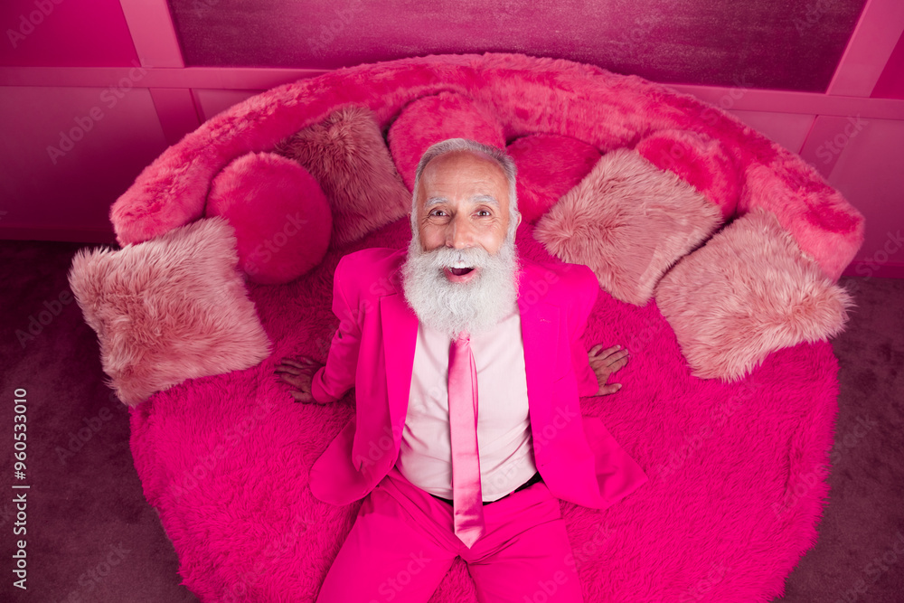 Fototapeta premium Top view photo of excited crazy mature gradnfather sit fluffy couch wear pink color blazer tie in room interior