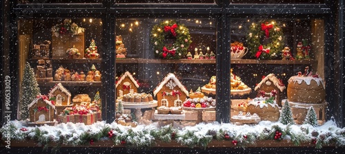 Festive Christmas Bakery Window Display with Gingerbread Houses, Christmas Cookies, and Fairy Lights