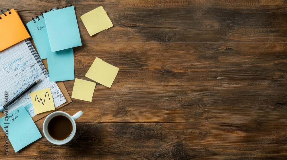 Business plan template on a desk with sticky notes Business plan template on a desk with sticky notes