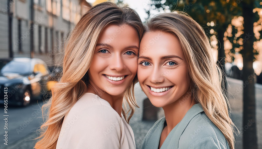 Two women smile brightly at the camera while standing outdoors in a city setting. Their glowing expressions and natural lighting capture a moment of friendship and happiness during a casual day out Two women smile brightly at the camera while standing outdoors in a city setting. Their glowing expressions and natural lighting capture a moment of friendship and happiness during a casual day out