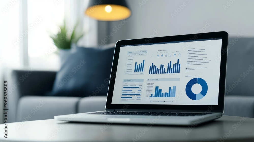 Open laptop displaying a digital business plan, modern approach to strategic planning Open laptop displaying a digital business plan, modern approach to strategic planning