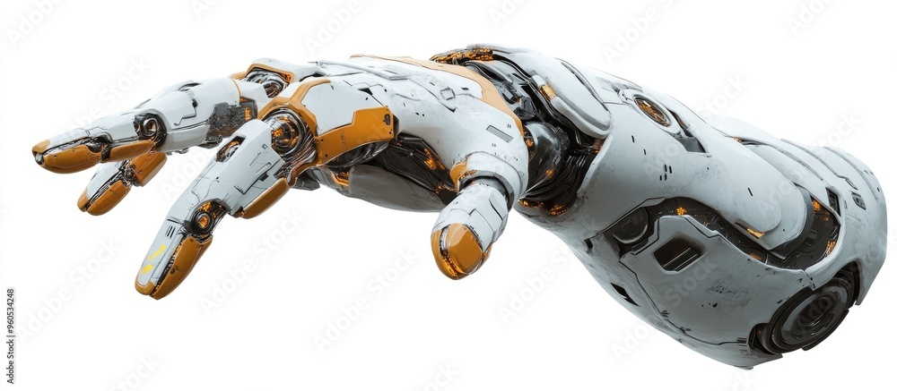 3D rendering of a cyborg hand or robotic hand finger pointing isolated on a white background 3D rendering of a cyborg hand or robotic hand finger pointing isolated on a white background