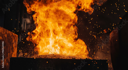 Uma imagem cativante de uma fornalha em chamas com chamas laranja brilhantes contra um fundo escuro, retratando o calor intenso e a potência das fundições industriais e da metalurgia photo