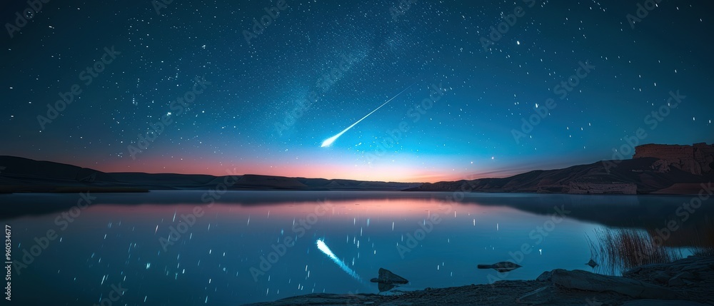 Naklejka premium Radiant Shooting Star Illuminating Tranquil Lake at Night
