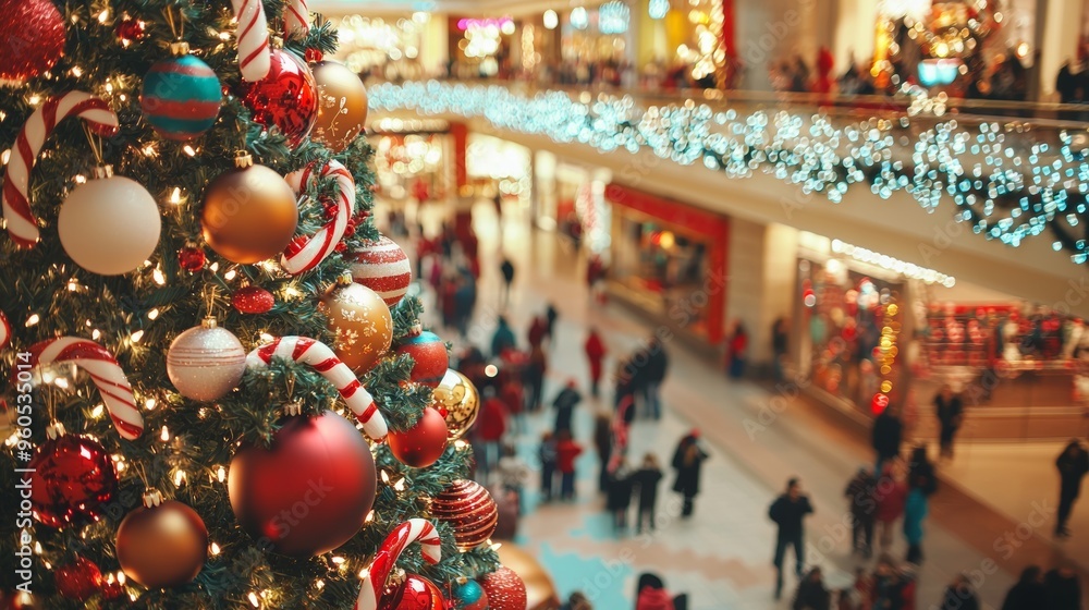 Festive Shopping Mall Christmas Tree with Oversized Ornaments, Candy Canes, and Lights Festive Shopping Mall Christmas Tree with Oversized Ornaments, Candy Canes, and Lights
