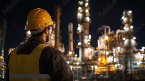 Worker in hardhat operating refinery machinery at night sky lit by facility lights