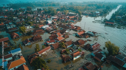 Natural Disasters: Aerial View of Devastation from Flooding in Bekasi, Indonesia photo