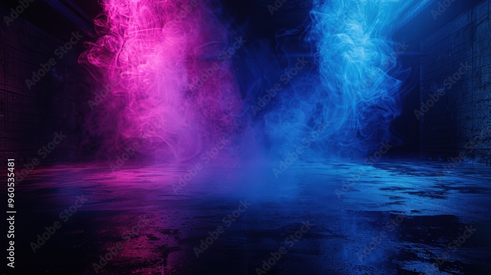 Neon Blue And Pink. Abstract Dark Background with Smoke in Dark Room Neon Blue And Pink. Abstract Dark Background with Smoke in Dark Room