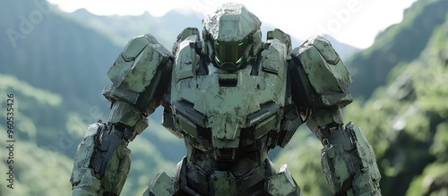 Futuristic mech soldier stands against a scenic backdrop Military robot features green and gray metal piloted and showcasing scratched armor 3D rendering of a mech battle photo