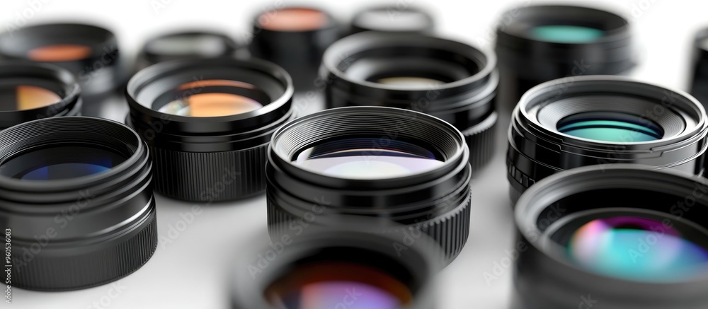 Close up shot of camera lenses on a white background Close up shot of camera lenses on a white background