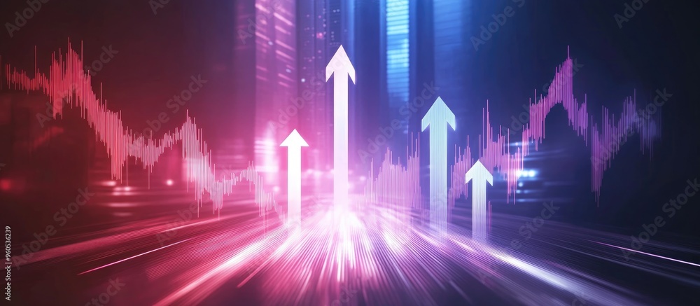 Financial growth illustrated by an upward graph with rising arrows symbolizing successful business development and stock market performance Financial growth illustrated by an upward graph with rising arrows symbolizing successful business development and stock market performance