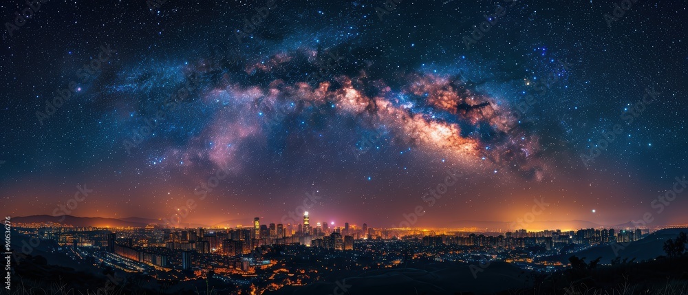 Fototapeta premium Glowing Milky Way Majesty Captured in Over Urban Skyscrapers - Ideal for Astrophotography Enthusiasts
