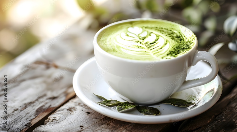 Delicate Matcha Latte Art in a Ceramic Cup on a Wooden Table Delicate Matcha Latte Art in a Ceramic Cup on a Wooden Table