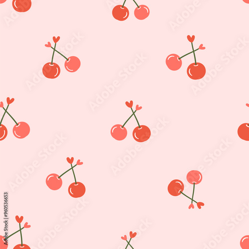Seamless pattern of cherry fruit with mini hearts on pink background vector. Cute fruit print.