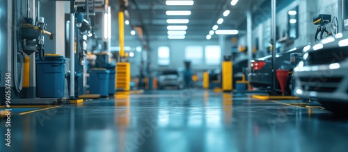 Abstract blurred interior of a car garage featuring a defocused mechanic service area and an auto repair workshop Soft focus on car care station background