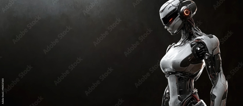 Cyborg woman in full body view against a black background 3D rendered image Cyborg woman in full body view against a black background 3D rendered image