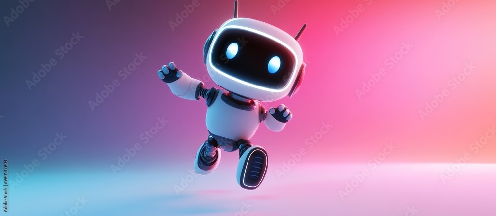 A cheerful cartoon robot with a white design joyfully leaping against a bright backdrop A cheerful cartoon robot with a white design joyfully leaping against a bright backdrop