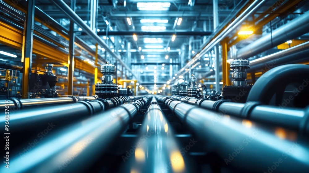 Metal pipes run parallel, reflecting soft artificial lights in a vast industrial setting, creating an atmosphere of meticulous engineering and productivity Metal pipes run parallel, reflecting soft artificial lights in a vast industrial setting, creating an atmosphere of meticulous engineering and productivity