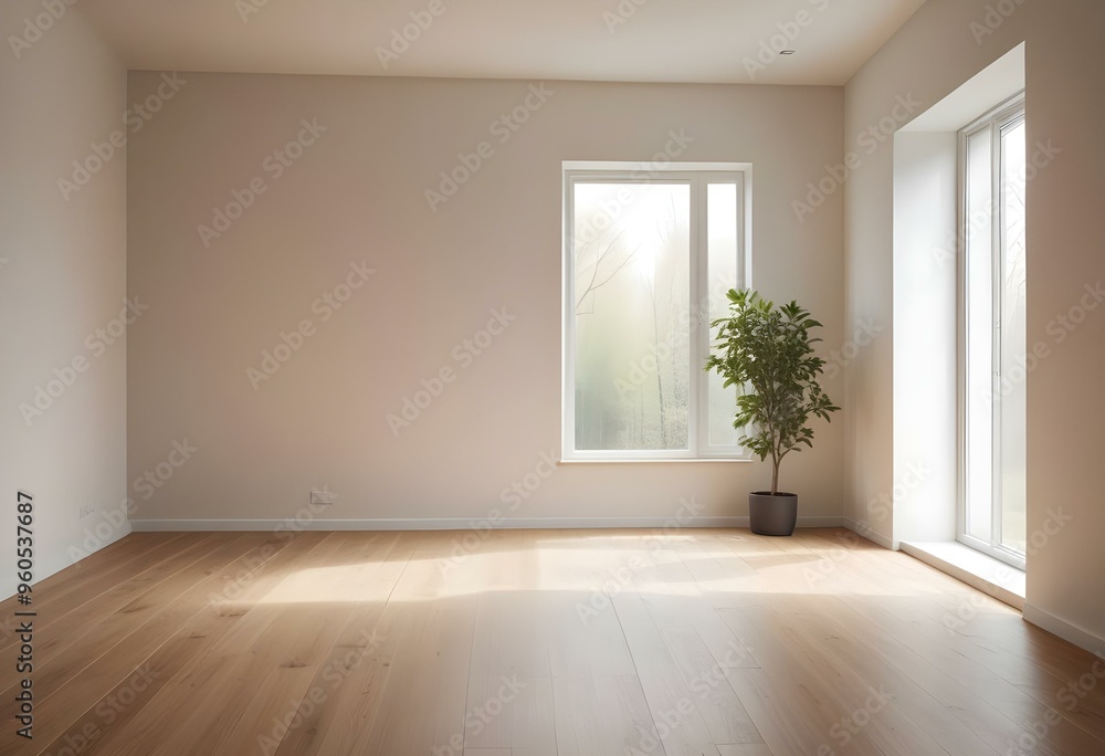A minimalist room with a wooden floor and a soft, diffused light coming through a window, creating a serene and calming atmosphere A minimalist room with a wooden floor and a soft, diffused light coming through a window, creating a serene and calming atmosphere