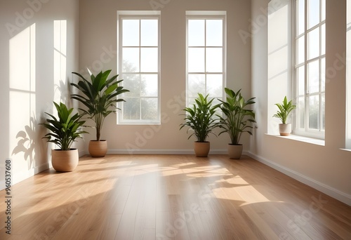 A minimalist room with a wooden floor and a soft, diffused light coming through a window, creating a serene and calming atmosphere