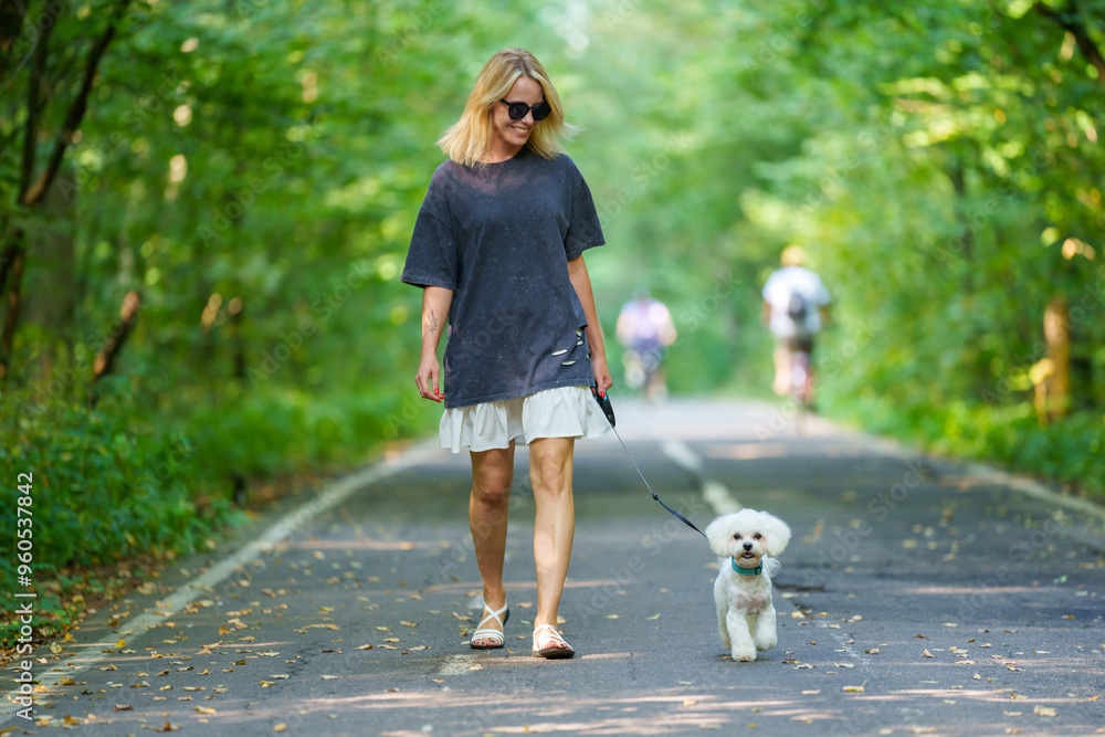 Girl walking the dog in the park forest. Rest concept. Woman walking with a dog on a leash during a good day Girl walking the dog in the park forest. Rest concept. Woman walking with a dog on a leash during a good day