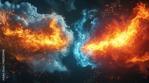 illustration showcasing harmonious fusion of fire, water, and earth elements, symbolizing interplay between diverse natural forces